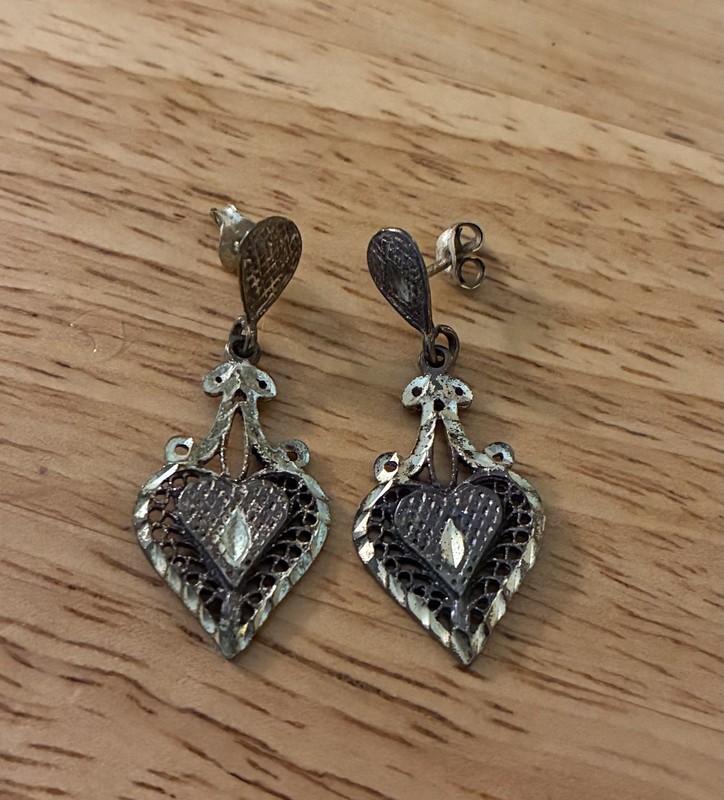 Vintage Sterling Silver Heart  Earrings .925 NF Pierced Dangle Etched Carved 