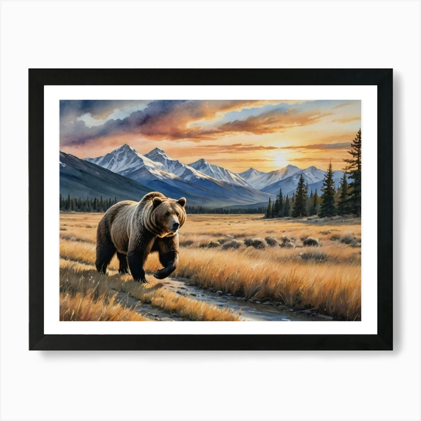 Grizzly Bear Echoes Across the Grass Framed Wall Art Canvas Print