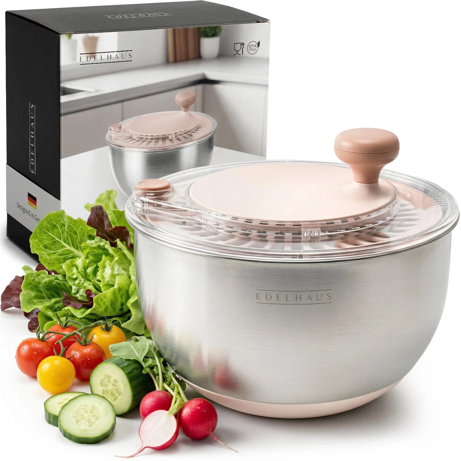 Salad Spinner Stainless Steel 5.3Qt | Lettuce Spinner BPA-Free with Stop Butt...