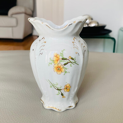 Vintage 70er Jahre Blumen Keramik Vase, wunderschön glasiert weiß & gelb Blumenmuster