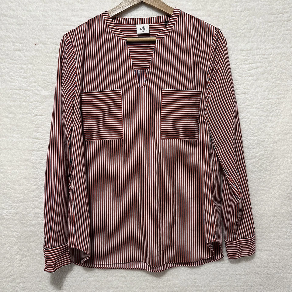 Cabi 5335 Red Striped Franklin Popover Long Sleeve Career Blouse Size Medium - Image 2 of 4