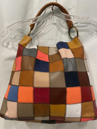 NEU OHNE ETIKETT PATCHWORK LEDER Quadrate MULTI-coLORED hell HOBO Slouch Handtasche groß - Bild 4 von 12