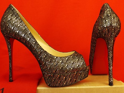 NIB LOUBOUTIN FETISH 130 BLACK LACE SILVER GLITTER