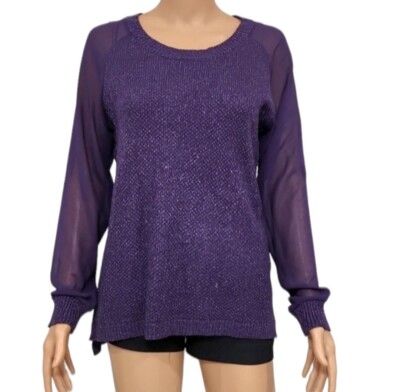 Metaphor Sweater Purple with Sparkle Silver Thread Sheer Sleeves Size M