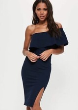 Missguided Navy One Shoulder Frill Split Hem Dress