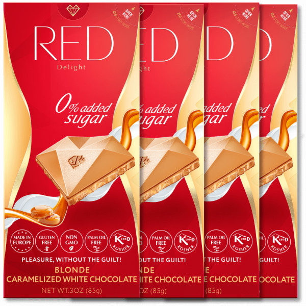 Chocolate Rojo - Rubio Caramelizado Chocolate Blanco 85 g Sin Gluten 20 CAJA DE PAQUETES