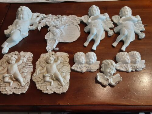 Lot Of 9 Cherub Angels Wall Hanging Small Plaques Mixed Material White