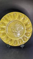 VTG California Pottery Avocado Green Deviled Egg Dish Plate Rooster #1069 USA