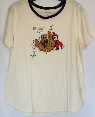 Old Navy Womens Everywear T-shirt Size L Hang out Ready Sloth Holiday Off White