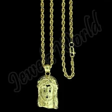 Real 10K Solid Yellow Gold Jesus Face Head Charm Pendant With 2.5mm Rope Chain