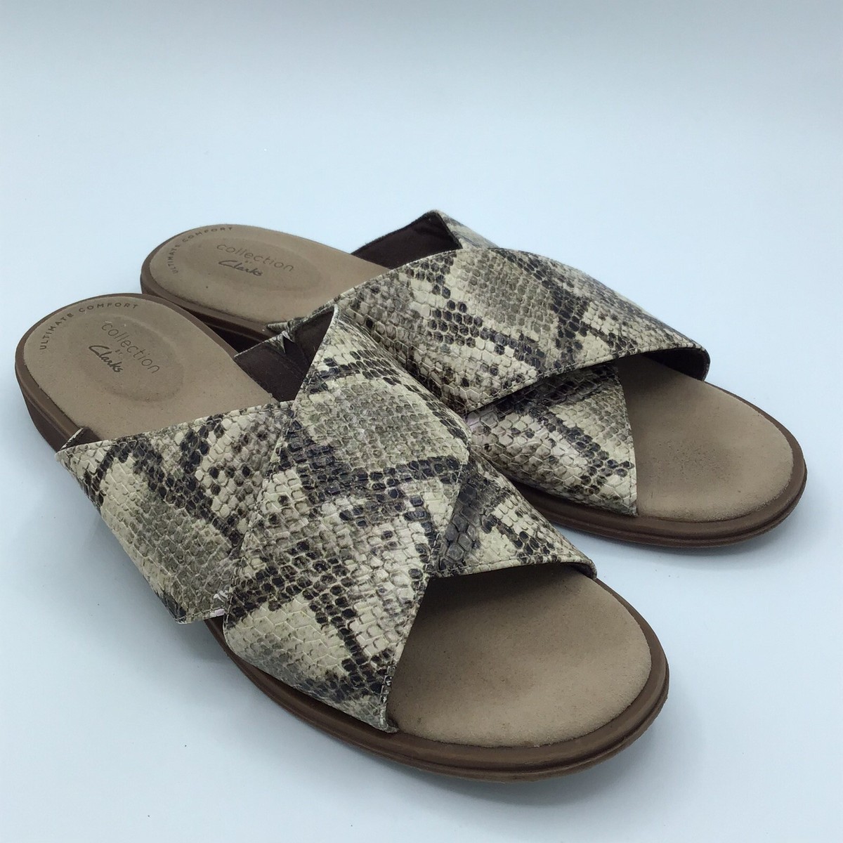 Womens Sandals CLARKS Snake Skin Criss Cross Slide On Open Toe