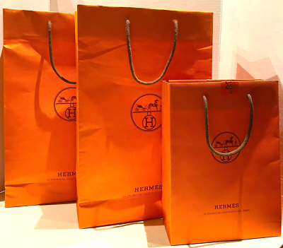 3 Authentic Hermes Paris Paper Shopping Tote Gift Bags 16 1/2X11X4