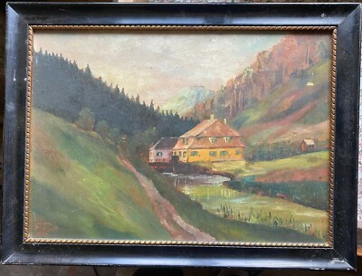 ::GUTSHAUS MÜHLE IM TAL AM FLUß °SCHWARZWALD TANNEN RAHMEN 1932 GEBIRGE SIGNIERT