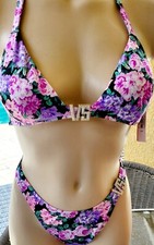 victorias secret bikini set L bling rhinestone plunge cruise floral shine logo