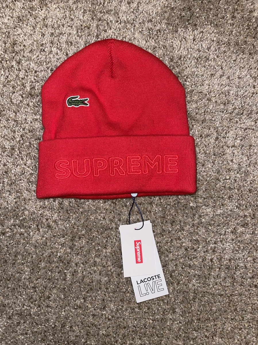 Supreme® X LACOSTE Red Cashmere Beanie Cuffed Hat FW19 Week 5 Drop