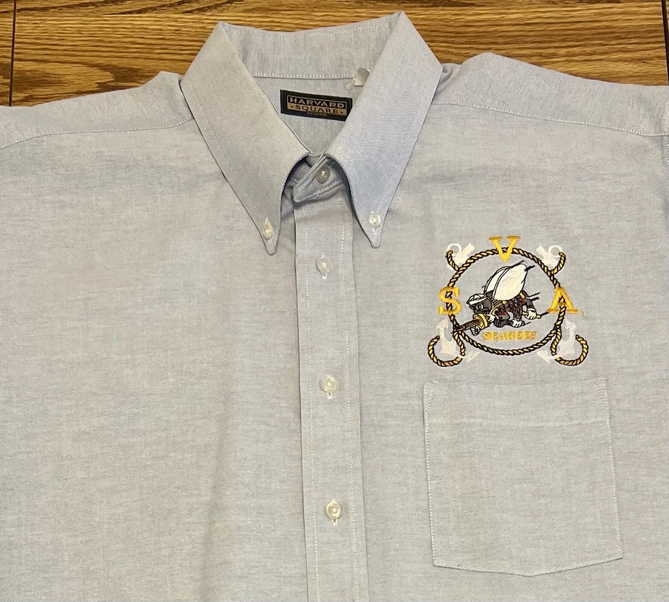 Harvard Square Mens XL VTG US Navy Seabees Shirt Blue Chambray Long Sleeve  - Image 2 of 4