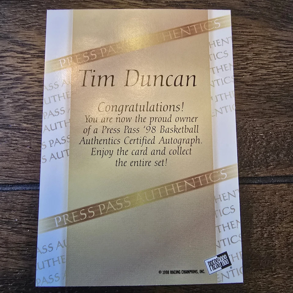 1998 Press Pass autêntico - Tim Duncan autógrafo autografado - Imagem 2 de 2