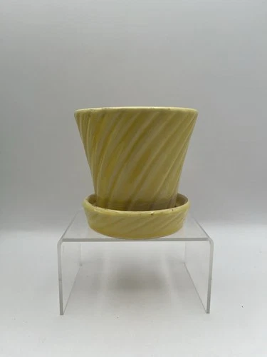 McCoy Pottery Planter W Saucer Vintage Flower Pot Yellow Swirl USA