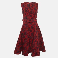 CH Carolina Herrera Red Embossed Floral Print Belted Mini Dress S