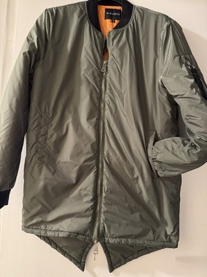M. Society Men's Green Long Bomber Jacket Full Zip Band Collar Pockets M
