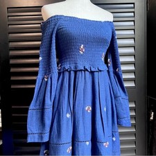 NWT Free People Blue Floral Off-Shoulder Smocked Dress Embroidered Pockets Lined