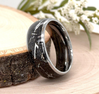 Stylish 8MM Tungsten Carbide Band   Silver Finish Step Edge Meteorite Inlay Ring