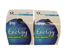 2 Pack Leggs Sheer Energy Pantyhose Sz Q Off Black Control Top Med Support 65606