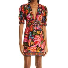 Farm Rio Tropical Floral Banana Print Mini Dress XS Puff Sleeve V Neck