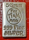 1 x Silver Very Rare Old School 5 gram A & M Fine Metals .999 Silver Bullion Bar