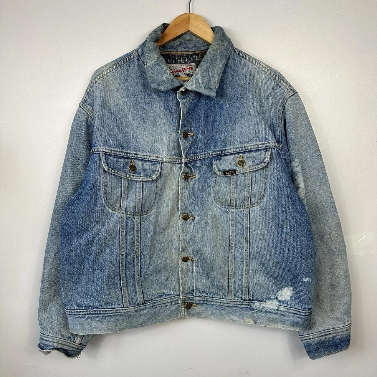 Vintage Lee Storm Rider Denim Jacket, Blanket Lined, Distressed, Size Mens XL