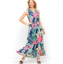 Talbots Voile Hibiscus Maxi Dress Sleeveless Ruffle Hem Gardencore Spring Size 4