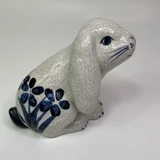 Dedham Potting Shed Large Bunny Rabbit Figurine Pottery Blue White Crackle 5.25"