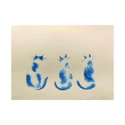 Three Blue Cats Original Naive Folk Outsider Art Serene Peace 5.5x7.5 Potocki