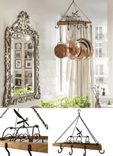 VTG French Country Ceiling Hanging Pot/Pan Rack Wrought Iron w Copper Highlight