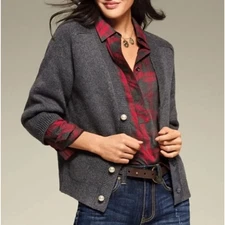 Cabi Cunningham Red Gray Plaid Long Sleeve Shirt Hidden Buttons Casual Fit Sz L