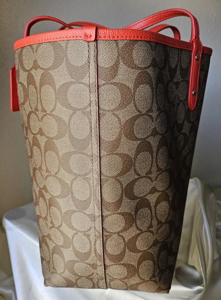 Coach Reversible Leather City Tote in Coral and Signature Khaki Logo (Beige/Tan) - Image 3 of 4