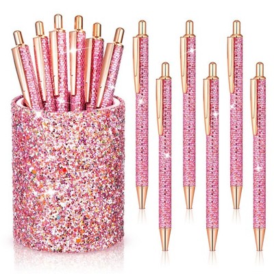 BBTO Bling Sequin Pen Holder with 6 Pcs Click Pens Cute Sequin, Pink