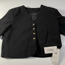 DAZY Black Textured V-Neck Button Up Cropped Short Sleeve Top Women Size Medium