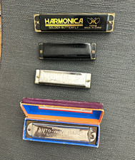 Mixed Brands Lot of 4 Diatonic Harmonicas Key of C Pro Harp Auto-Valve w/ Case