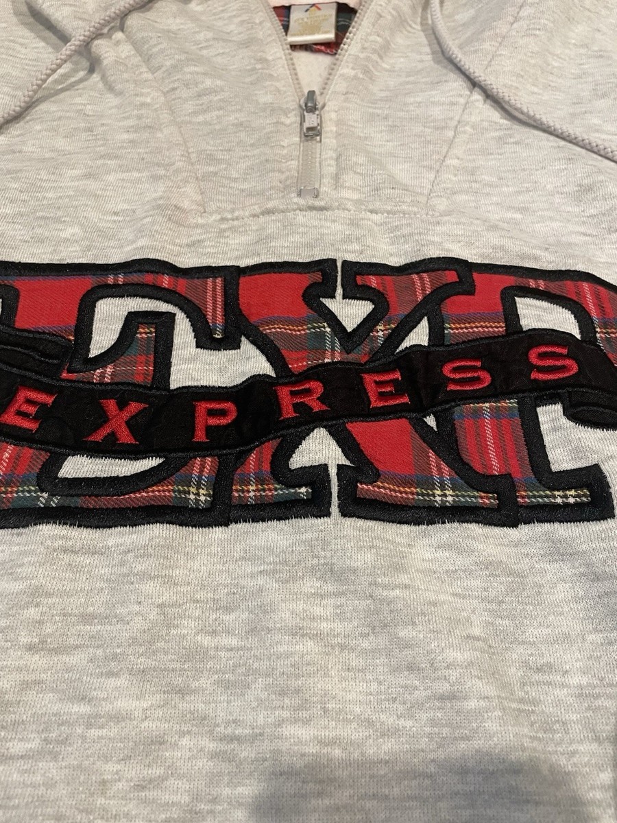 Vintage 90s Express Athletique EXP Hoodie Plaid Lined Hood 1/4 Zip Gray Red M View 4