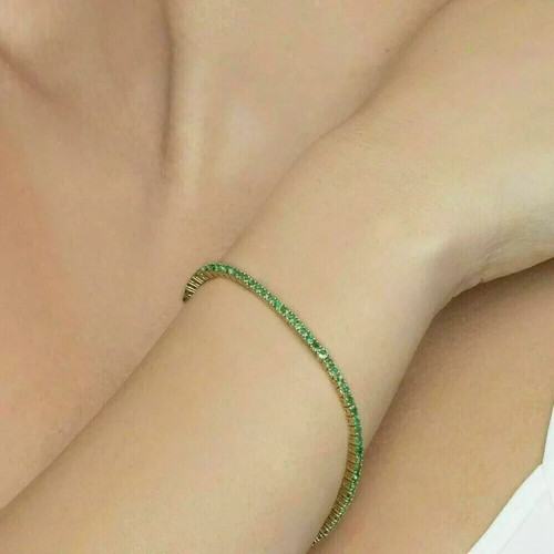 Tennisarmband 6 kt Rundschliff Laborgefertigt Smaragd 14 K Gelbgold vergoldet - Bild 5 von 5