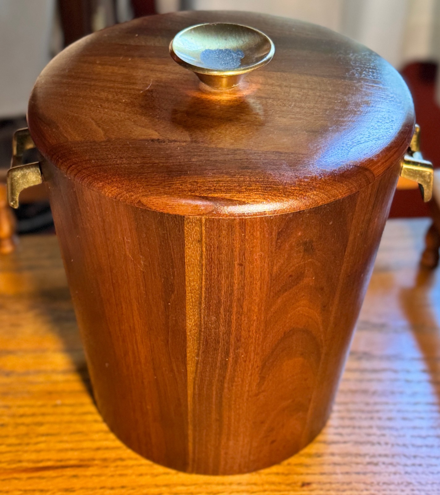 Woodcroftery mid-century walnut ice bucket with brass handles and tongs