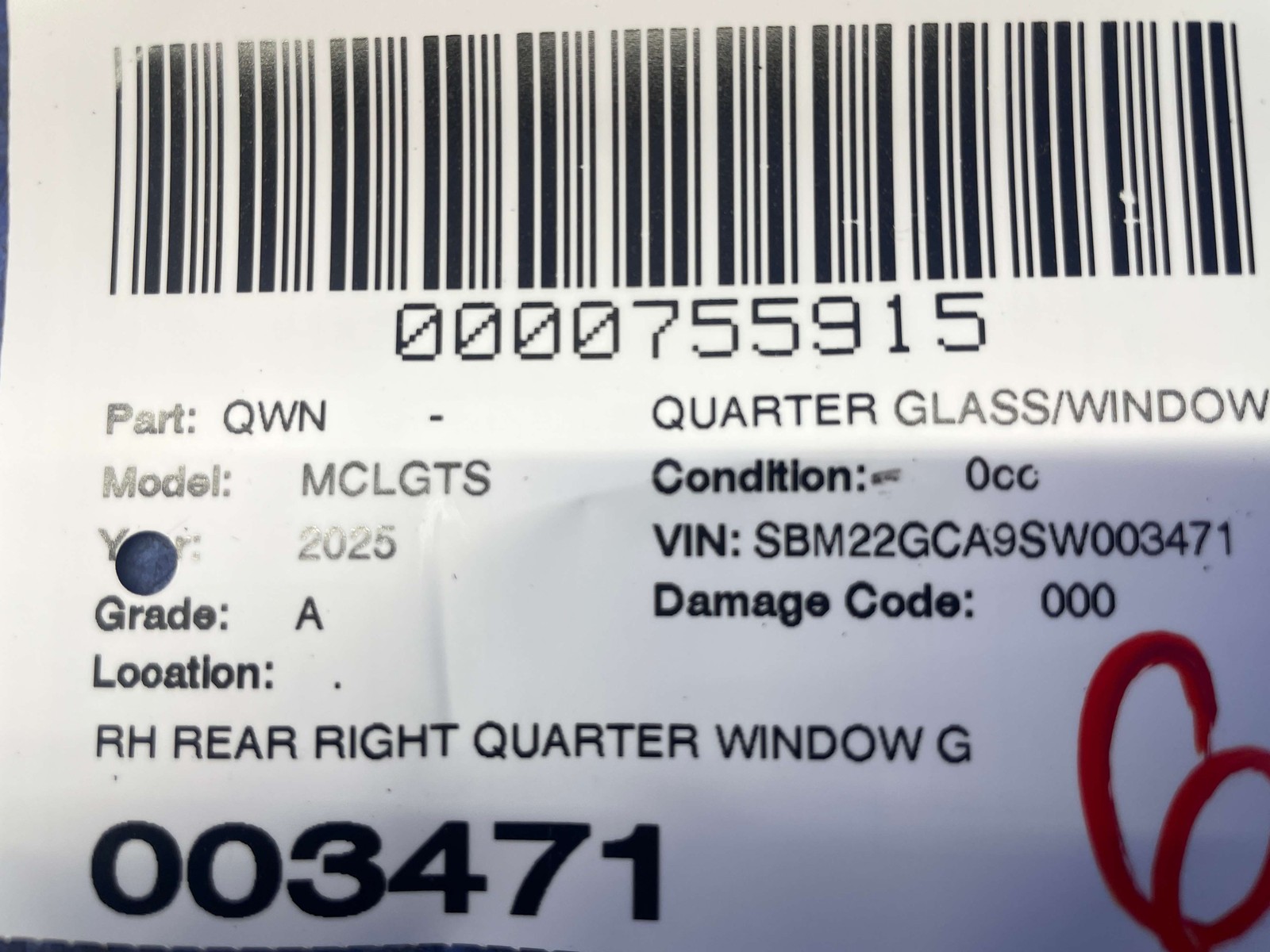 2002-2026 MCLAREN GTS OEM REAR RIGHT QUARTER WINDOW GLASS
