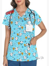 V Neck Printed Scrub Top with 3 Pockets - Polyester Blend