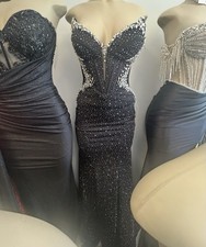 Black Silver Embellished Formal Evening Gown with Rhinestone Detailing