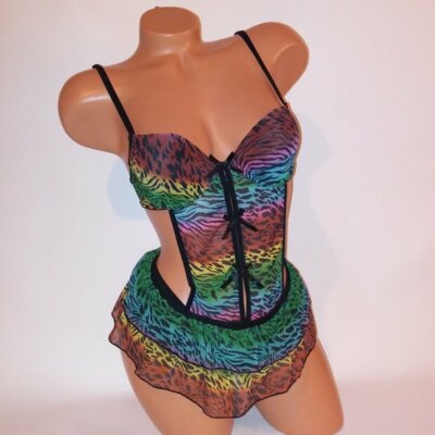Rampage Lingerie Set Babydoll & Panty Rainbow Leopard Ruffle V String Thong