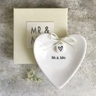 White Porcelain Ring Dish -  Mr & Mrs Heart Shaped Wedding Gift - East Of India