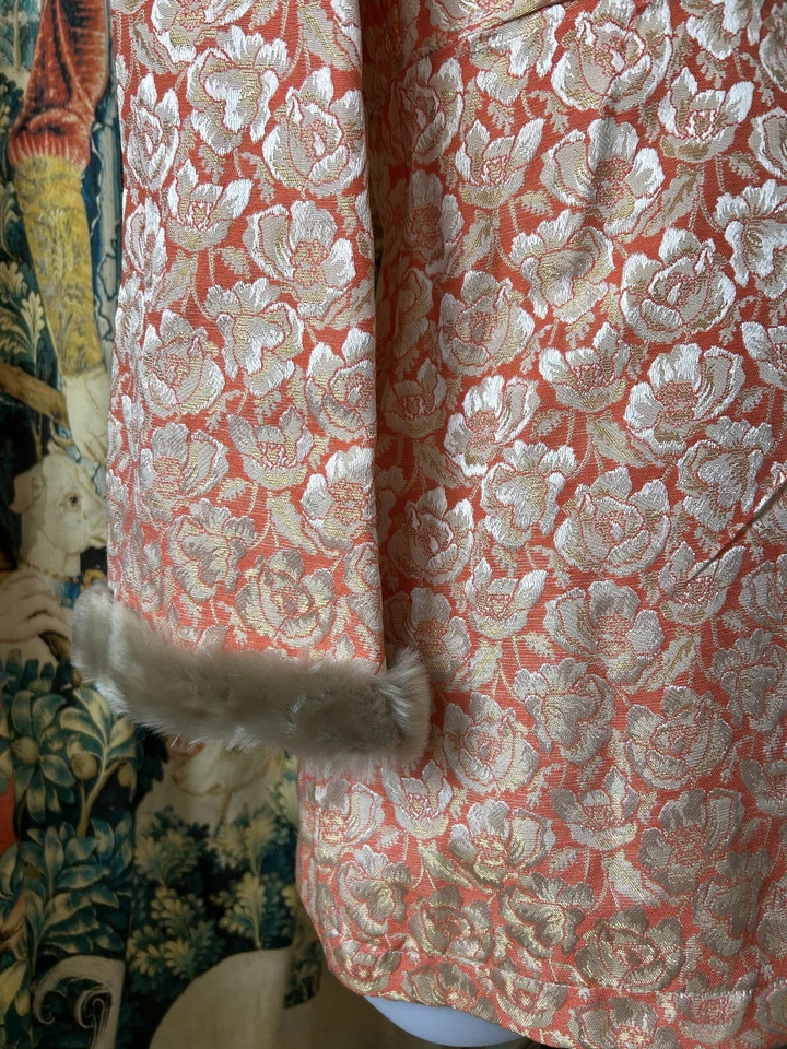 Vintage 60s OOAK Stunning Mini Dress Set with Fur Trim, Silver & Orange Brocade - Image 2 of 4