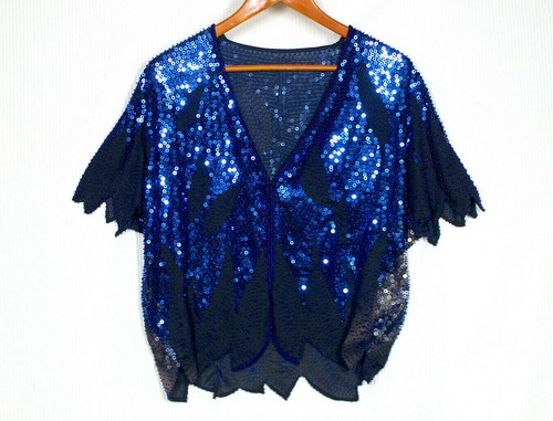 Vtg 70s Sequin Disco Dress Set M L Fully Beaded Rag Hem Blue Silver Cotton Rare - Picture 5 of 12