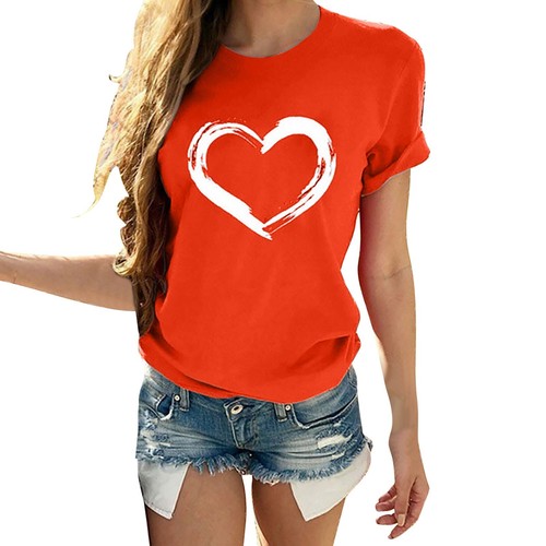 Women Short Sleeves O Neck Tops Ladies Heart Shaped Print Casual Blouse T Shirts - Picture 46 of 63